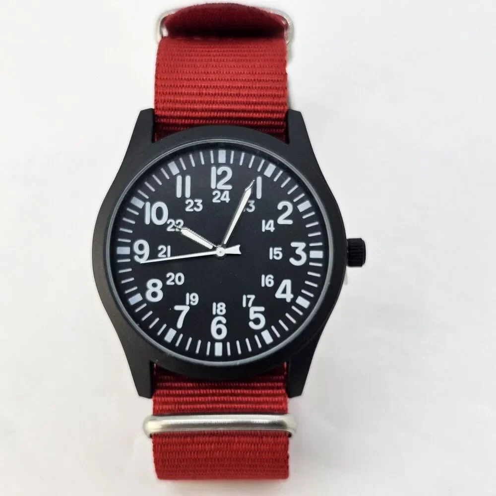 Men's Field Watch 42MM Black‎ Dial Black Case Red Canvas Band